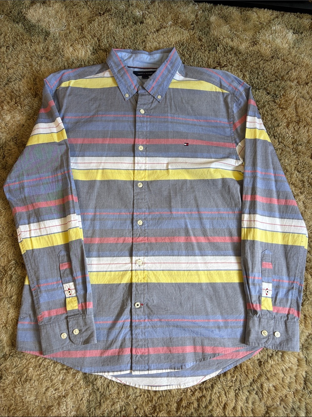 Tommy Hilfiger Gray Button-Down Shirt with Yellow, White, Blue & Pink Stripes